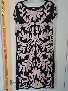 Black Midi Dress with Pale Pink Floral Appliqué